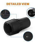 Detailed view of Top Shelf Universal Quick Connect Adapter for DeWalt Dust Extractors, black ABS material, showing twist lock design.