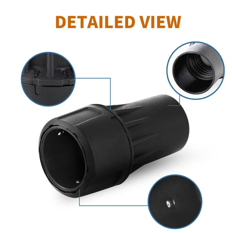 Detailed view of Top Shelf Universal Quick Connect Adapter for DeWalt Dust Extractors, black ABS material, showing twist lock design.