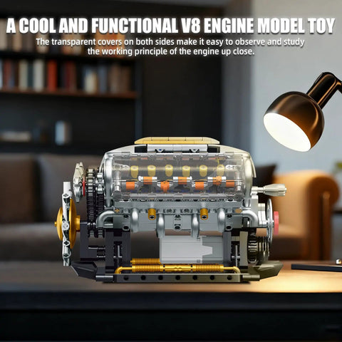 V8 Engine Model Kit That Runs Hands On Build Your Own Mini Visible Car Motor Realistic Piston Motion Turbocharger Science DIY Set For Adults Teens 14 And Up 703 Piece STEM Toy Gift displayed on table