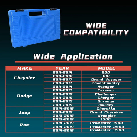 3.6L Pentastar Timing Tool Kit case with compatibility chart for Chrysler, Dodge, Jeep, Ram models