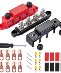 Red And Black Four Stud Power Distribution Block Pair For 12 Volt Rv Marine And Solar Setups with terminals and accessories.