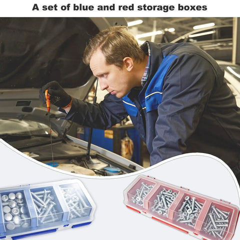 Two Pack Screw Organizer Storage Bins With Lids displayed with a mechanic repairing a car and showing a blue and red storage box with screws.