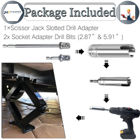 Power Drill Jack Adapter For Scissor Jacks Three Eighths Socket RV Trailer Drill Kit package components displayed