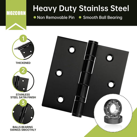 Three Pack Black Door Hinges 3.5 X 3.5 Inches Heavy Duty Stainless Steel Ball Bearing Hinges With Screws Powder Coated Rust Proof Square Corner Smooth And Quiet For Interior Doors, black hinge close-up