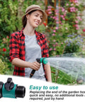 Woman using Six Pack Garden Hose Shut Off Valves With Three Quarter Inch Thread Anti Leak Plastic Hose Connectors in garden.