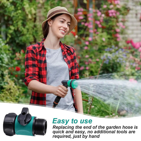 Woman using Six Pack Garden Hose Shut Off Valves With Three Quarter Inch Thread Anti Leak Plastic Hose Connectors in garden.