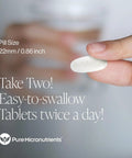 Person holding Complete Bone Health Calcium Supplement tablet, 22mm size, emphasizing daily intake recommendation.