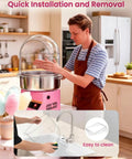 Man installing 15 Inch Cotton Candy Machine Cover With Transparent Acrylic Dome, showing ease of installation and cleaning process.