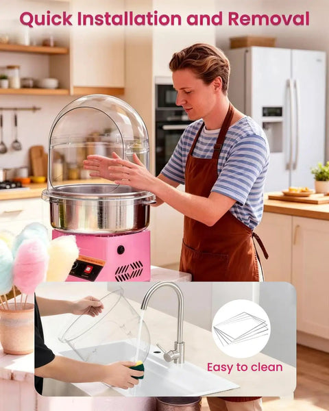 Man installing 15 Inch Cotton Candy Machine Cover With Transparent Acrylic Dome, showing ease of installation and cleaning process.