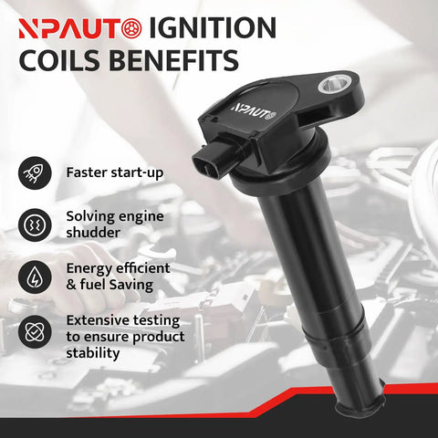 Set Of 4 High Performance Ignition Coil Packs For 1.6L L4 Engines Fits Kia Rio Rio5 Hyundai Accent And Dodge Attitude 2006 Through 2011 UF499 C1543 Replacement benefits with text and coil image