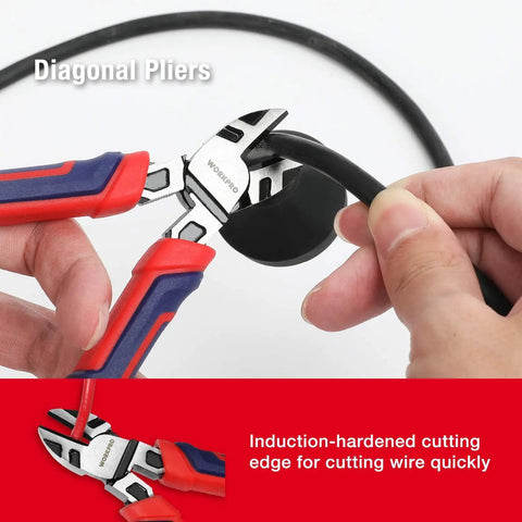 Close-up of diagonal pliers from Cr V Pliers Set With 6 Inch Slip Joint Pliers, 8 Inch Groove Joint Pliers, 7 Inch Linesman Pliers, Long Nose Pliers, Diagonal Cutting Pliers, Plus Storage Pouch For Everyday DIY Repairs cutting wire with induction-hardened edge.