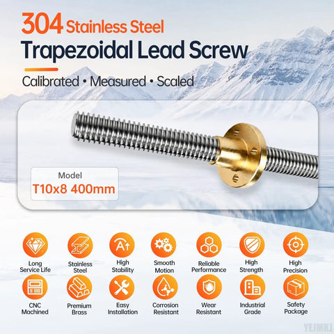 Heavy Duty TR10x8 400mm Lead Screw Paired With Precision Brass Nut featuring 2mm pitch, stainless steel material for CNC routers.
