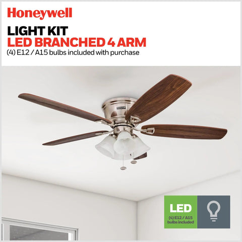 Glen Alden 52 Inch Classic Dope Flush Mount Indoor LED Ceiling Fan With Light Kit and wood finish blades in a living room
