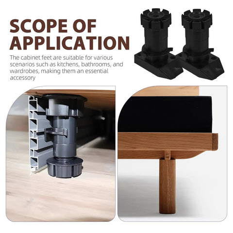 Set Of Four Dope Adjustable Furniture Legs Leveling Feet Black ABS Plastic For Cabinets Desks And Wardrobes, installed view