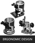 Built Like A Tank Compact Router With Fixed Plunge And Tilt Bases, 1.25 HP Workhorse Woodworking Tool Showing ergonomic design of bases.