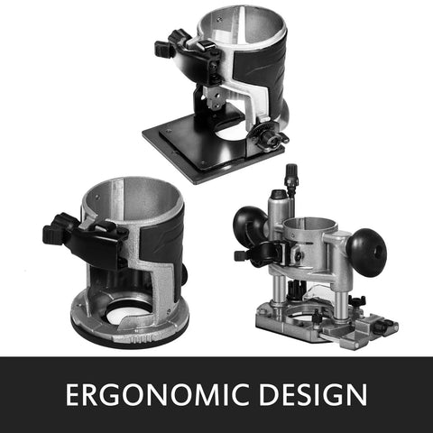 Built Like A Tank Compact Router With Fixed Plunge And Tilt Bases, 1.25 HP Workhorse Woodworking Tool Showing ergonomic design of bases.