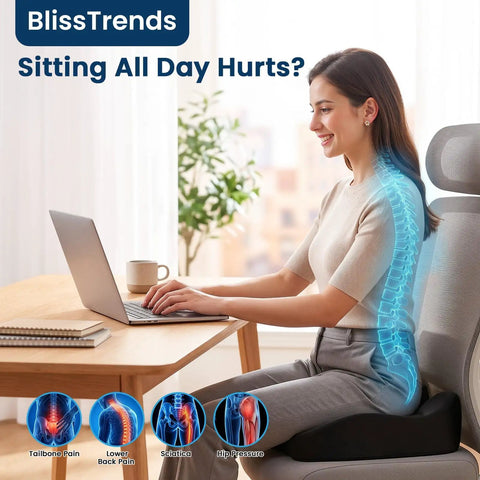 Kick Sciatica To The Curb With This Ergonomic Memory Foam Seat Cushion For Office Chair And Car Seat featuring a woman using it at a desk.