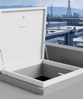 Heavy Duty Roof Access Hatch With Weatherproof Aluminum Frame And Galvanized Steel Plate, High Security Roof Skylight Door For Maintenance, Industrial Cellar Doors For Factories, Warehouses, Workshops, And Lofts, White on rooftop