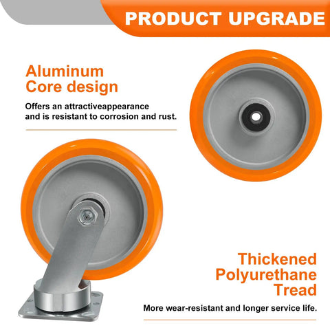 Eight By Two Inch Tough As Nails Heavy Duty Swivel Casters Using Kingpinless Crowned Polyurethane Tread And Aluminum Core close-up of aluminum core design.