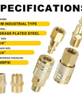 Specifications of One Quarter Inch Air Hose Fittings Kit with Quick Connect Couplers and Plugs, 45 Piece Brass Plated Steel Set