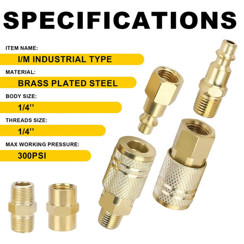 Specifications of One Quarter Inch Air Hose Fittings Kit with Quick Connect Couplers and Plugs, 45 Piece Brass Plated Steel Set