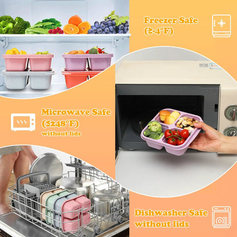 Six Pack Snack Containers With Four Compartment Divided Design in freezer, microwave, and dishwasher safe for adults and kids