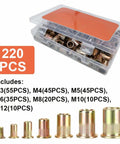 220 Pcs Metric Rivet Nut Kit Zinc Plated Carbon Steel Flat Head Rivnut Assortment Knurled Body Threaded Insert Nuts