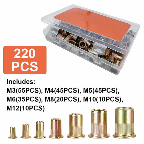 220 Pcs Metric Rivet Nut Kit Zinc Plated Carbon Steel Flat Head Rivnut Assortment Knurled Body Threaded Insert Nuts
