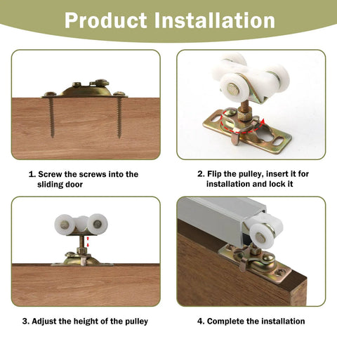 Product installation steps for 2 Pack Three Quarter Inch Pocket Door Rollers Replacement Wheels With Top Hanger For Sliding Doors.