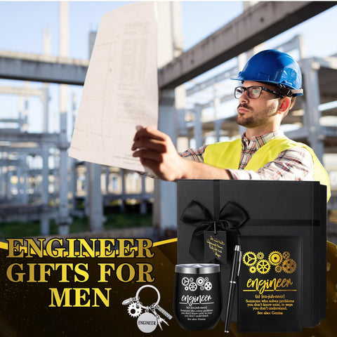 Engineer in blue helmet with product display: Engineers Week Gift Set For Men And Women Includes 12 Oz Stainless Steel Tumbler