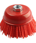 4 Inch Nylon Cup Brush for Angle Grinder and Drill with 5/8-11 Threaded Arbor, heavy duty abrasive wheel, red bristles visible