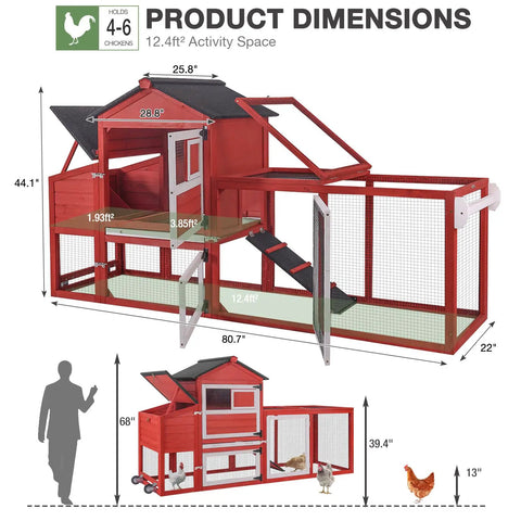 Mobile Chicken Coop On Wheels For Four To Six Hens With Run, Large Outdoor Hen House, Weatherproof Asphalt Roof, Red