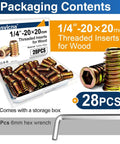 Heavy Duty Wood Threaded Inserts With Hex Drive Nuts For Quick DIY Furniture Repair Easy Install Quarter Inch By Twenty Threads Per Inch 20mm Length Zinc Plated Carbon Steel 28 Pack packaging contents, with hex wrench.