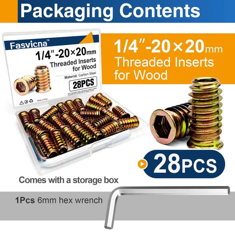 Heavy Duty Wood Threaded Inserts With Hex Drive Nuts For Quick DIY Furniture Repair Easy Install Quarter Inch By Twenty Threads Per Inch 20mm Length Zinc Plated Carbon Steel 28 Pack packaging contents, with hex wrench.