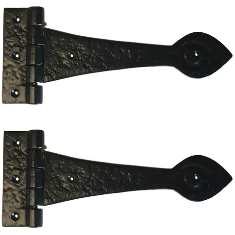 Badass 12 Inch Decorative Iron Spear Strap With A Gritty Olde Style For Sliding Barn Doors Rustic Gates And Kitchen Cabinet Fix Ups Heavy Duty Black Steel Wall Mount Hardware side view of two iron straps with hinges