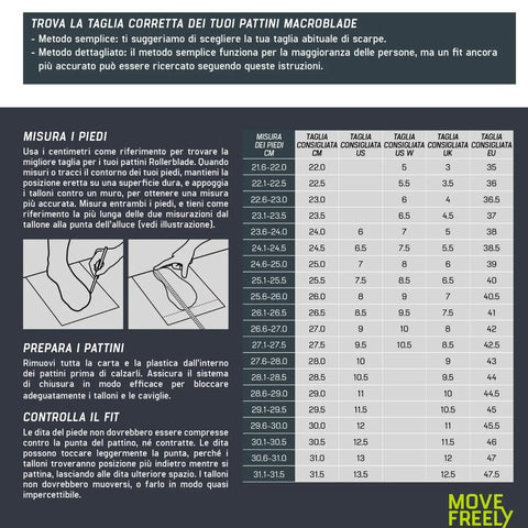 Macroblade 90 Inline Skates size chart and fitting guide in Italian, black and white text with measurement illustrations