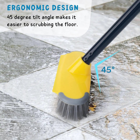 Close-up of Long Handle Deck Brush With 50 Inch Reach For Shower And Outdoor Cleaning on wet tile surface, 45-degree tilt angle