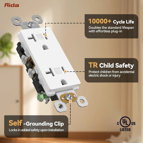 Heavy Duty 20 Amp Tamper Resistant Decorator Outlet Nema 5-20R residential receptacle with self-grounding clip and child safety features.