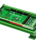 DIN Rail Mount Screw Terminal Block Adapter Module For Arduino Mega 2560 R3 with green PCB, 3.81mm pitch, and labeled terminals.