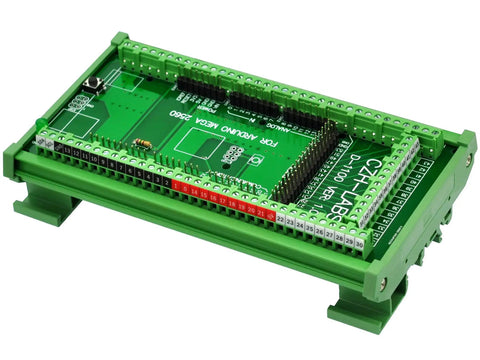 DIN Rail Mount Screw Terminal Block Adapter Module For Arduino Mega 2560 R3 with green PCB, 3.81mm pitch, and labeled terminals.