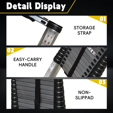 Fourteen And A Half Foot Telescoping Ladder For Home Use Lightweight Aluminum Retractable Collapsible Step Ladder With Non Slip End Caps And 330 Pound Capacity For Do It Yourself Projects And Home Quick Fixes, folded with storage strap and handle