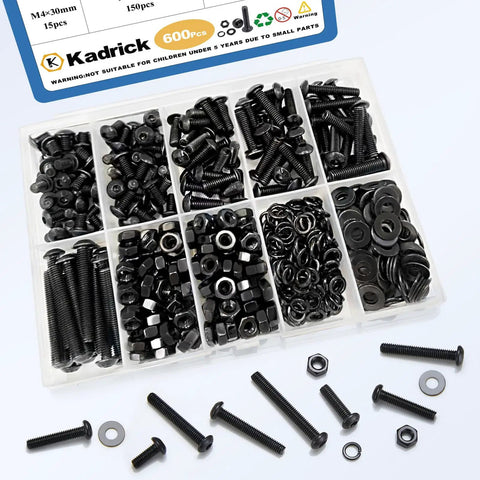 M4 Screw Kit With Nuts And Washers Kadrick 600Pcs Alloy Steel Grade 10.9 Hex Socket Button Head Bolts Black Finish