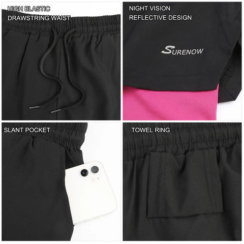 Details of Two In One Men's Running Shorts With Liner, Quick Dry Athletic Shorts For Workouts With Zip Pockets And Towel Loop, Black Pink