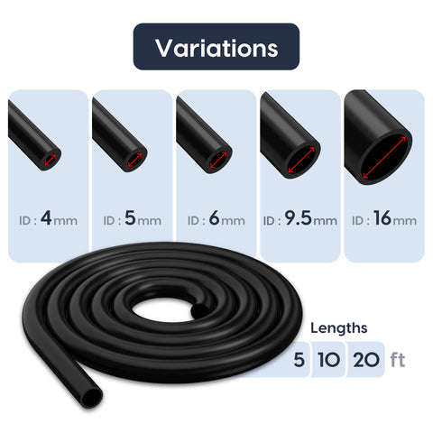 Silicone Vacuum Hose Five Eighth Inch ID Sixteen Millimeter 10 Ft Long High Temp 100 PSI Engine Automotive Vacuum Line Tubing Black