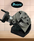 4 Inch Tilting Milling Rotary Table With 0 To 90 Degree Tilt, metalworking tool with chuck, precision indexing on wooden surface.