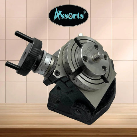 4 Inch Tilting Milling Rotary Table With 0 To 90 Degree Tilt, metalworking tool with chuck, precision indexing on wooden surface.