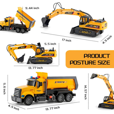 Set of construction truck toys showing sizes, claw excavator and dump truck, featuring lights and sounds for ages 3-8.