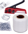 Pro Grade Heavy Duty Pallet Banding Strapping Kit With Manual Woven Cord Tensioner Three Quarter X 330 Foot Roll and 50 Snap Lock Buckles.