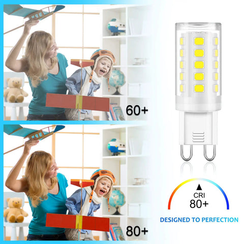 G9 LED Light Bulb Bi Pin Base 6000K Daylight, 4W, non-dimmable, shown next to vibrant indoor setting with CRI rating.