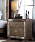 Wooden nightstand with two drawers and brass ring pulls, featuring 5 Pack Gold Ring Drawer Pulls With Screws in a bedroom setting.